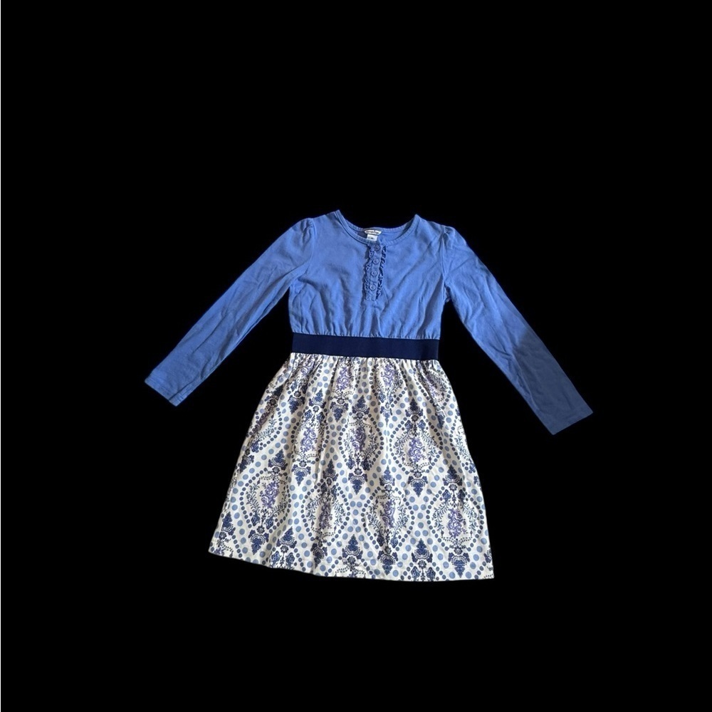 HEARTSTRINGS Blue/White  Print  Dress buttons and ruffles on chest Sz 6X K69